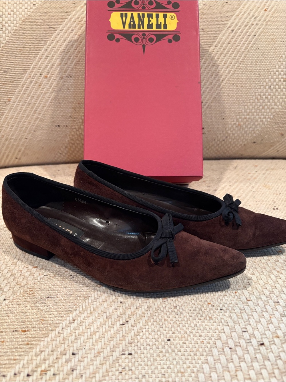 Vaneli Dark Brown Suede Ballet Flats with Bow Trim